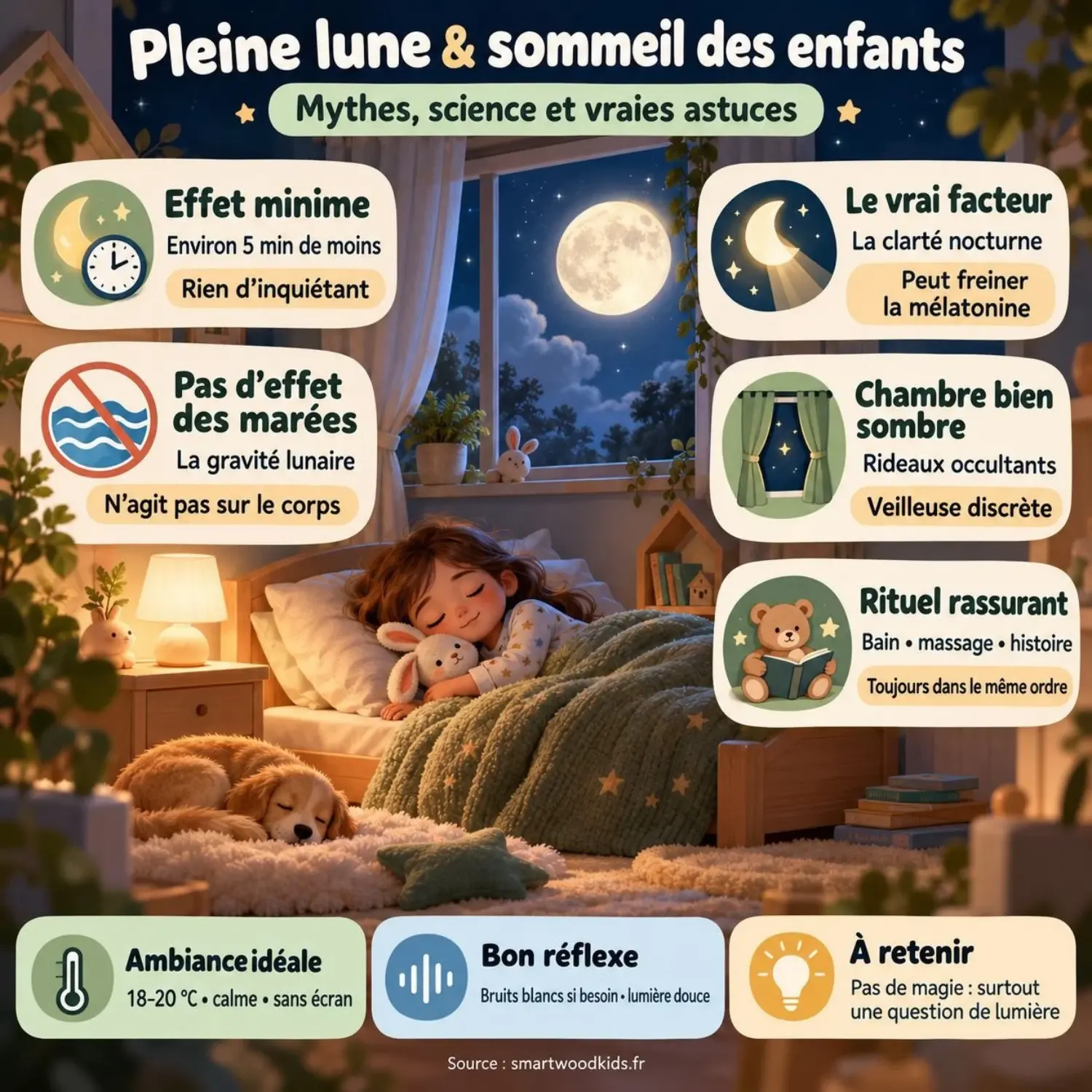 Infographie : pleine lune et sommeil de l’enfant - effet réel très faible, rôle de la clarté nocturne, chambre sombre et rituel du soir.