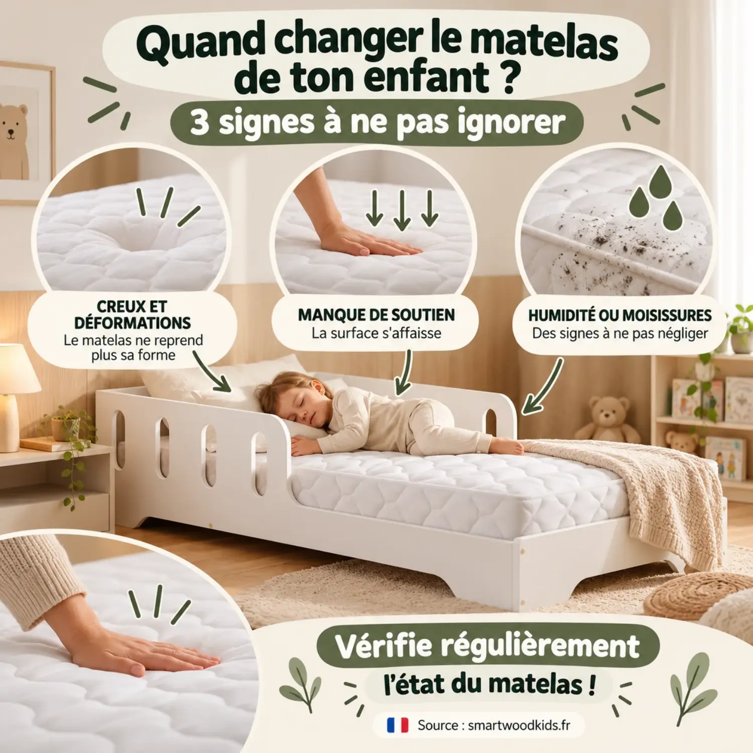 Infographie : trois signes qu’il faut changer le matelas - creux et déformations, manque de soutien et traces d’humidité ou de moisissures.