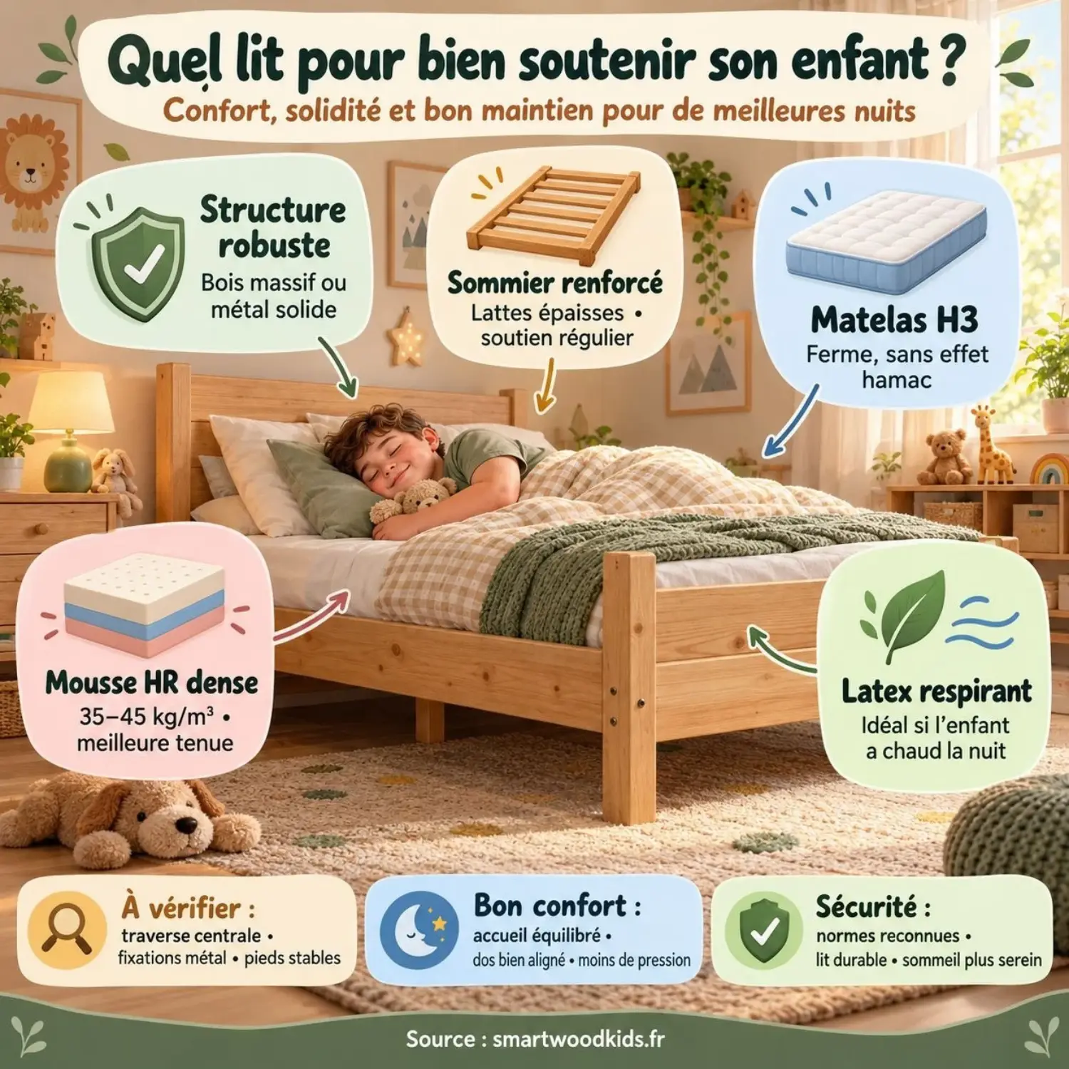 Infographie : quel lit pour bien soutenir son enfant - structure robuste, sommier renforcé, matelas H3 ferme, mousse HR dense ou latex respirant.