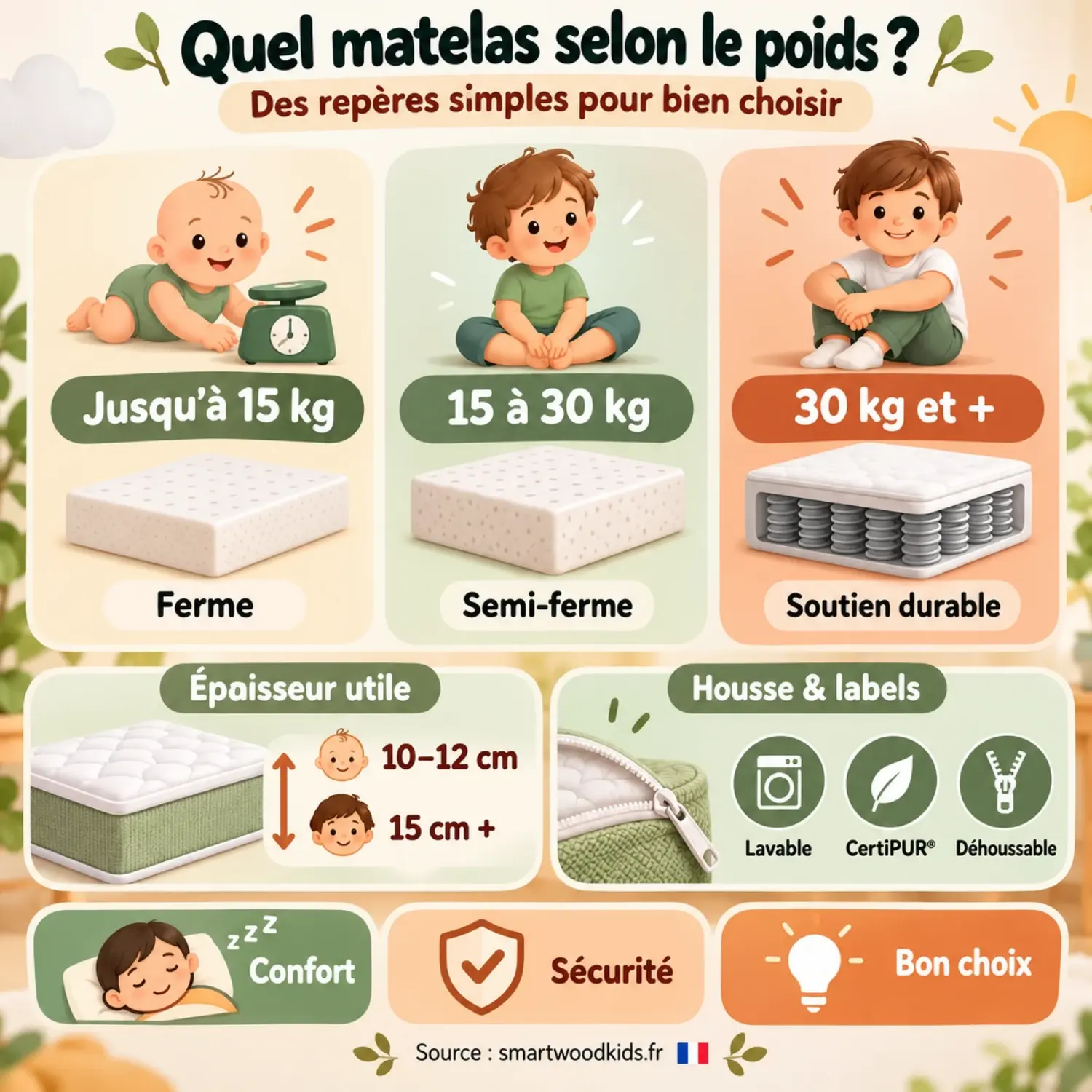 Infographie : quel matelas selon le poids - ferme jusqu’à 15 kg, semi-ferme de 15 à 30 kg, soutien durable à partir de 30 kg, 10 à 12 cm d’épaisseur pour bébé et 15 cm et plus pour l’enfant.